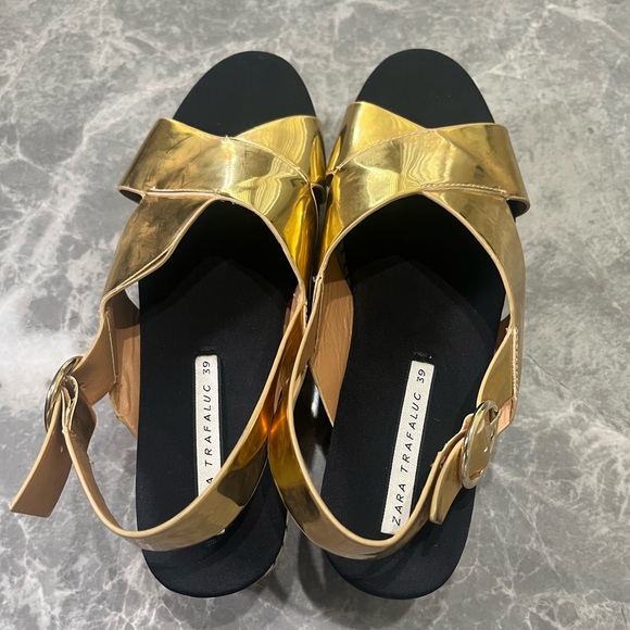 Zara Women Metallic Gold Black Espadrille Platform Sandals Size EU 39/ US 8 - Picture 4 of 5